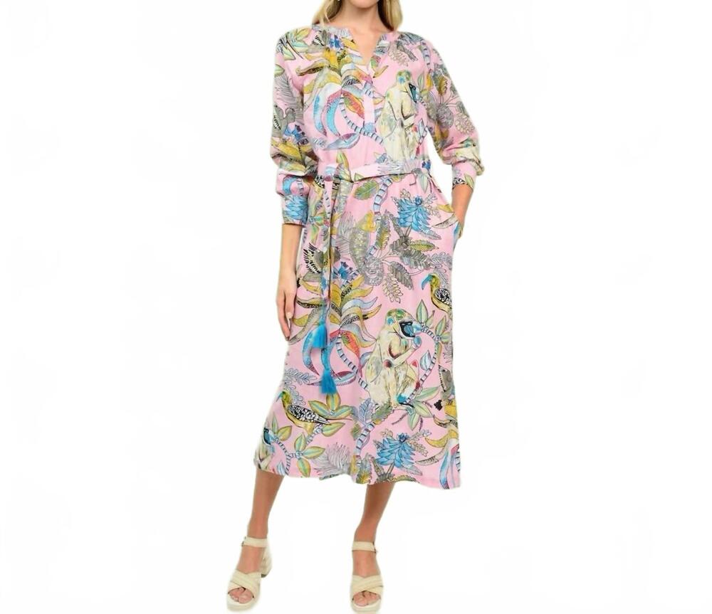 NEW UNCLE FRANK the monkey business midi shirt dress in pink